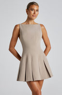 Lyra | Sleeveless Pleated Mini Dress – Boat Neck Flared Skirt Seams