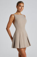 Lyra | Sleeveless Pleated Mini Dress – Boat Neck Flared Skirt Seams