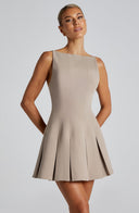 Lyra | Sleeveless Pleated Mini Dress – Boat Neck Flared Skirt Seams