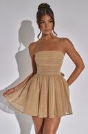 Madeline | Shimmer Strapless Mini Dress – Ruched Bodice Bow Back Flare Party