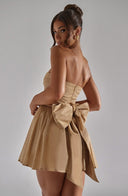 Madeline | Shimmer Strapless Mini Dress – Ruched Bodice Bow Back Flare Party