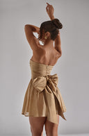 Madeline | Shimmer Strapless Mini Dress – Ruched Bodice Bow Back Flare Party