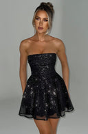 Madeline | Shimmer Strapless Mini Dress – Ruched Bodice Bow Back Flare Party