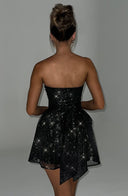 Madeline | Shimmer Strapless Mini Dress – Ruched Bodice Bow Back Flare Party