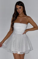Madeline | Shimmer Strapless Mini Dress – Ruched Bodice Bow Back Flare Party