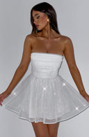 Madeline | Shimmer Strapless Mini Dress – Ruched Bodice Bow Back Flare Party