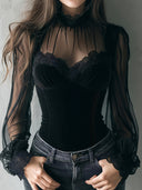 Madilyn | Sheer Corset Top – Evening High Neck Long Sleeve Lace Trim