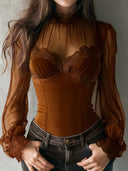 Madilyn | Sheer Corset Top – Evening High Neck Long Sleeve Lace Trim