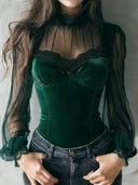 Madilyn | Sheer Corset Top – Evening High Neck Long Sleeve Lace Trim