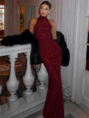 Mae | Sequin Maxi – High Neck Halter Sleeveless Fishtail Formal Evening Dress