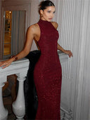Mae | Sequin Maxi – High Neck Halter Sleeveless Fishtail Formal Evening Dress