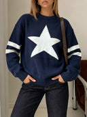 Maelle | Star Knit Sweater – Casual Crew Neck Long Sleeve Contrast Stripes