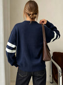 Maelle | Star Knit Sweater – Casual Crew Neck Long Sleeve Contrast Stripes