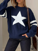 Maelle | Star Knit Sweater – Casual Crew Neck Long Sleeve Contrast Stripes