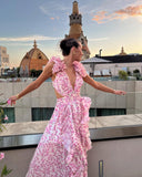 Maeve | Floral Maxi – Deep V Neck 3D Flower Ruffle Cut Out Wedding Guest Dress
