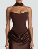 Mairead | Satin Maxi Dress – Evening Strapless Sweetheart Neck Draped Skirt