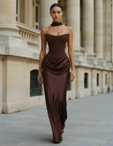 Mairead | Satin Maxi Dress – Evening Strapless Sweetheart Neck Draped Skirt