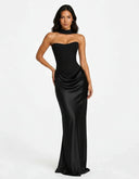 Mairead | Satin Maxi Dress – Evening Strapless Sweetheart Neck Draped Skirt