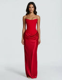 Mairead | Satin Maxi Dress – Evening Strapless Sweetheart Neck Draped Skirt