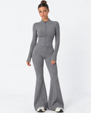 Mairwen | Ribbed Knit Two Piece Set – Casual Zip Front Long Sleeve Flared Pants