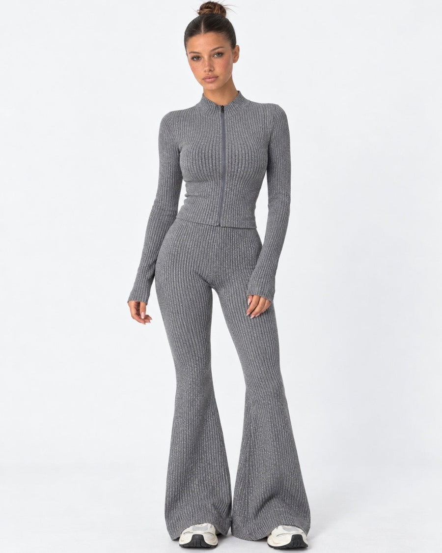 Mairwen | Ribbed Knit Two Piece Set – Casual Zip Front Long Sleeve Flared Pants