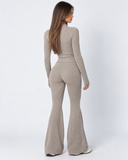 Mairwen | Ribbed Knit Two Piece Set – Casual Zip Front Long Sleeve Flared Pants