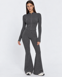 Mairwen | Ribbed Knit Two Piece Set – Casual Zip Front Long Sleeve Flared Pants