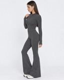 Mairwen | Ribbed Knit Two Piece Set – Casual Zip Front Long Sleeve Flared Pants