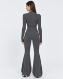 Mairwen | Ribbed Knit Two Piece Set – Casual Zip Front Long Sleeve Flared Pants