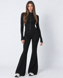 Mairwen | Ribbed Knit Two Piece Set – Casual Zip Front Long Sleeve Flared Pants