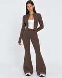 Mairwen | Ribbed Knit Two Piece Set – Casual Zip Front Long Sleeve Flared Pants