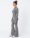 Mairwen | Ribbed Knit Two Piece Set – Casual Zip Front Long Sleeve Flared Pants