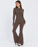 Mairwen | Ribbed Knit Two Piece Set – Casual Zip Front Long Sleeve Flared Pants