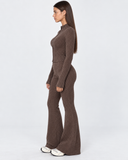 Mairwen | Ribbed Knit Two Piece Set – Casual Zip Front Long Sleeve Flared Pants