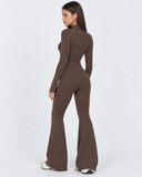 Mairwen | Ribbed Knit Two Piece Set – Casual Zip Front Long Sleeve Flared Pants