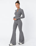 Mairwen | Ribbed Knit Two Piece Set – Casual Zip Front Long Sleeve Flared Pants