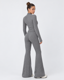 Mairwen | Ribbed Knit Two Piece Set – Casual Zip Front Long Sleeve Flared Pants