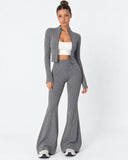 Mairwen | Ribbed Knit Two Piece Set – Casual Zip Front Long Sleeve Flared Pants