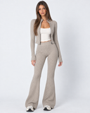 Mairwen | Ribbed Knit Two Piece Set – Casual Zip Front Long Sleeve Flared Pants