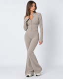 Mairwen | Ribbed Knit Two Piece Set – Casual Zip Front Long Sleeve Flared Pants