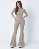 Mairwen | Ribbed Knit Two Piece Set – Casual Zip Front Long Sleeve Flared Pants