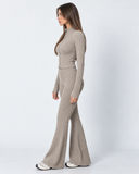 Mairwen | Ribbed Knit Two Piece Set – Casual Zip Front Long Sleeve Flared Pants