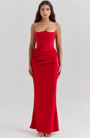 Maisy | Satin Maxi – Strapless Corset Draped Skirt Formal Wedding Guest Dress