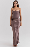 Maisy | Satin Maxi – Strapless Corset Draped Skirt Formal Wedding Guest Dress