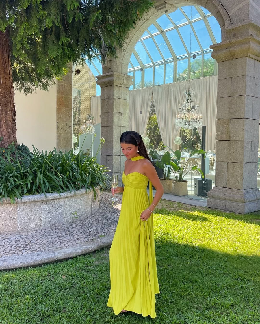 Makayla | Strapless Pleated Maxi Dress – Scarf Neck Tie Formal Wedding Guest Gown