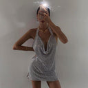 Makenzie | Rhinestone Mini Dress – Party Halter Cowl Neck Open Back Draped Front