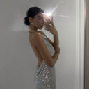 Makenzie | Rhinestone Mini Dress – Party Halter Cowl Neck Open Back Draped Front