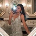 Makenzie | Rhinestone Mini Dress – Party Halter Cowl Neck Open Back Draped Front