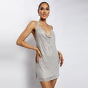 Makenzie | Rhinestone Mini Dress – Party Halter Cowl Neck Open Back Draped Front