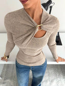 Malaysia | Ribbed Cutout Knit Top – Casual Long Sleeve Draped Buckle Front